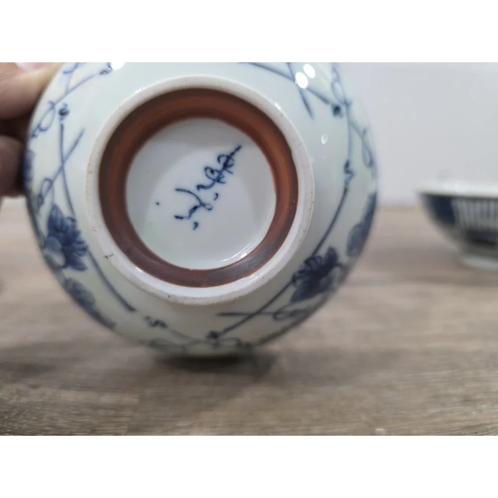4 Japanese Blue & White Rice Bowls Floral, Mismatched 2